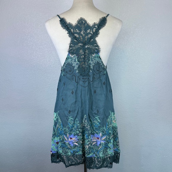 Intimately Free People Lace Floral Print Slip Dress Teal Green Womens Sz Small - Picture 5 of 8